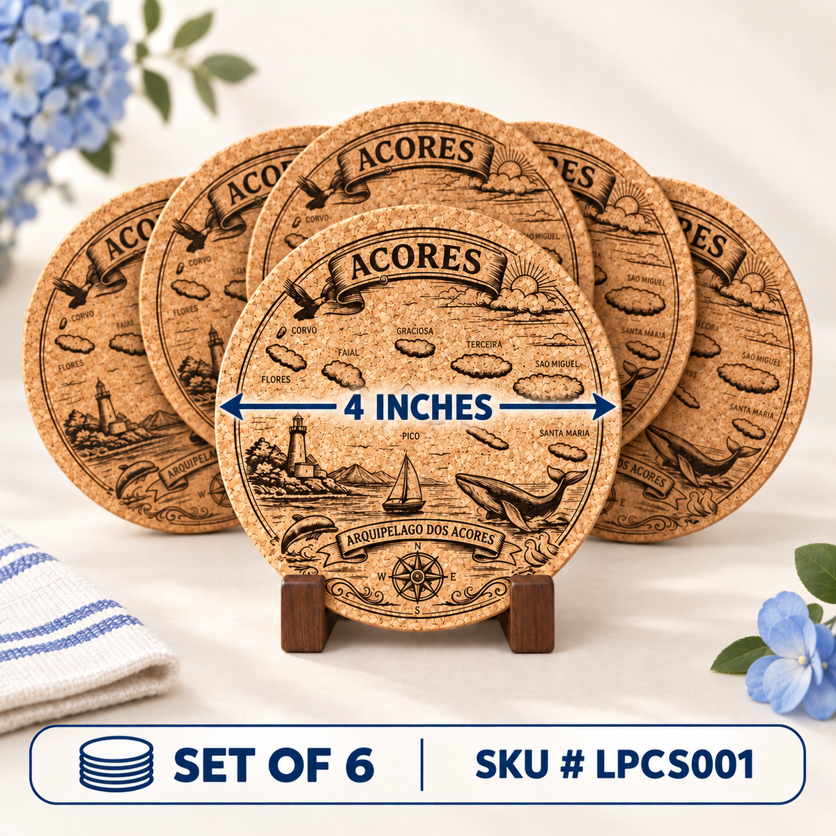 Açores Engraved Cork Coaster Set OF 6
